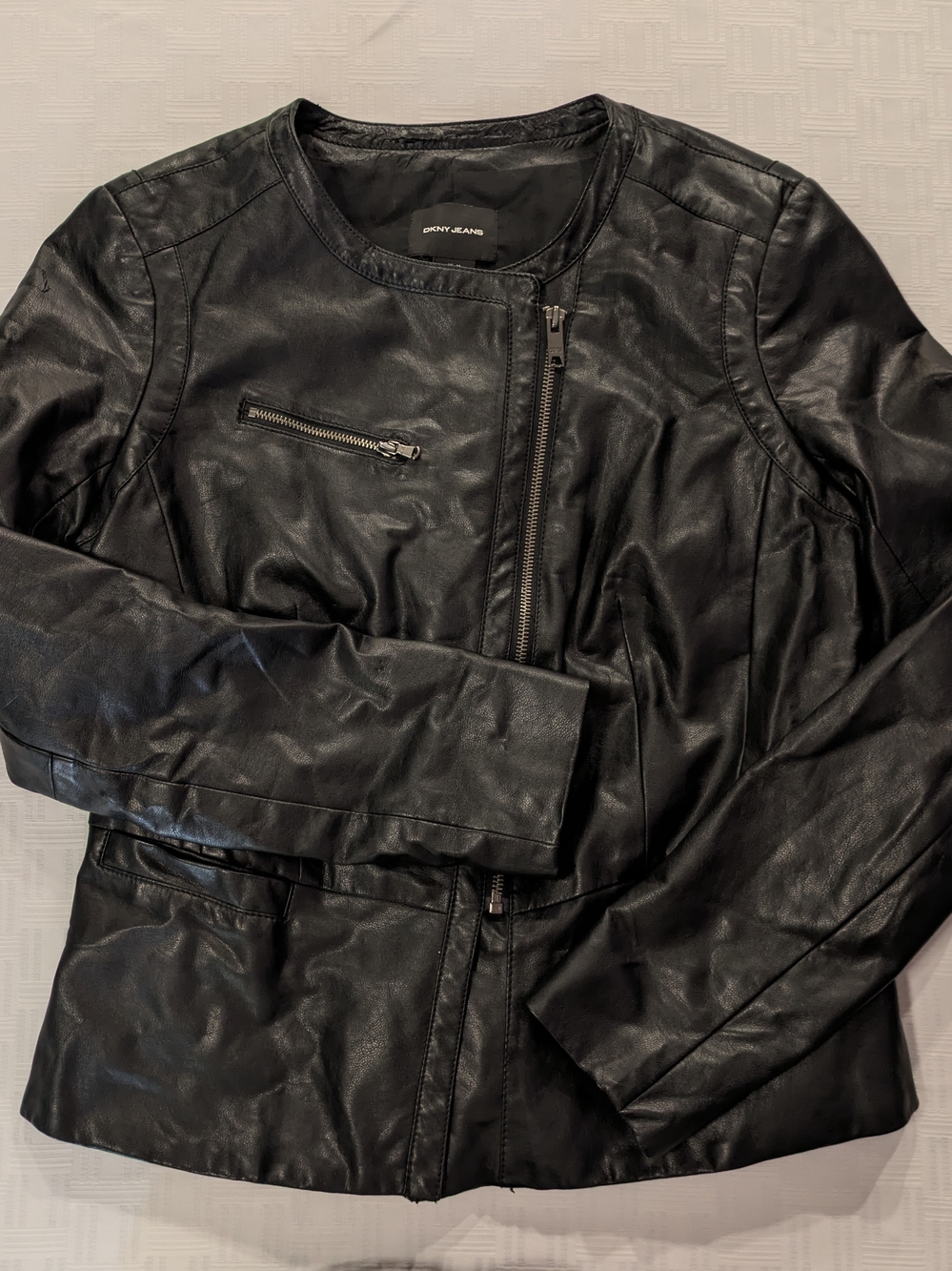 Dkny Black Faux Leather Moto Zip Jacket